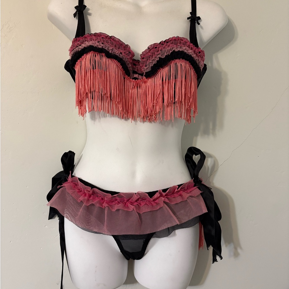 Burlesque costume retired showgirl Pink and Black Fringe Lingerie Set